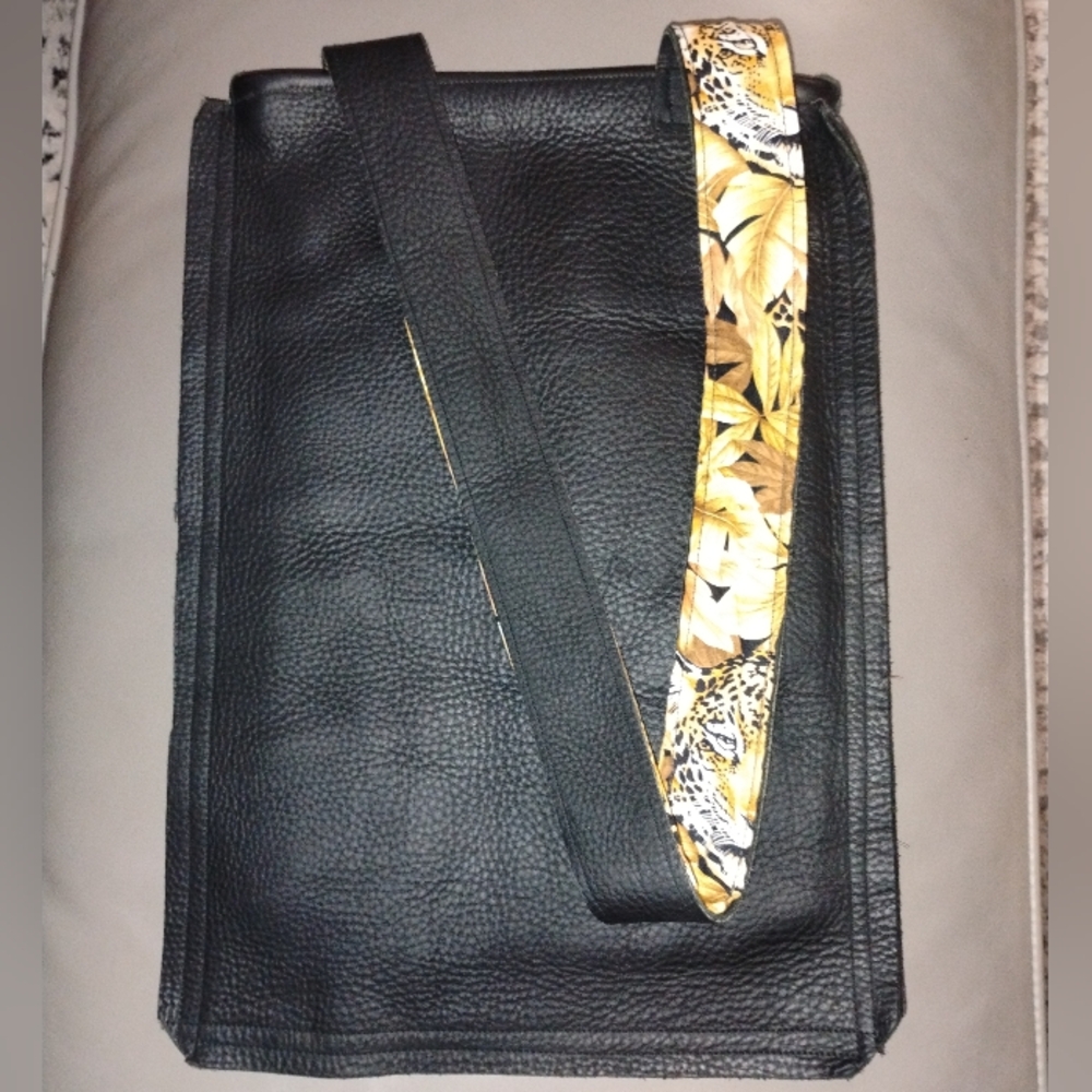Handcrafted Black Leather Shoulder Tote Bag with Animal Print Lining